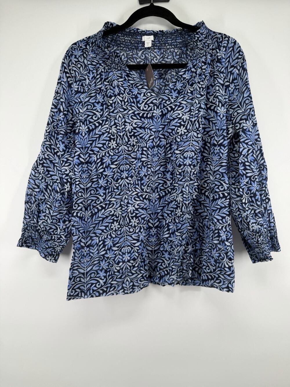 J Jill Smocked Cotton Top Medium Tall True Navy Floral Trellis 100% Cotton NWT